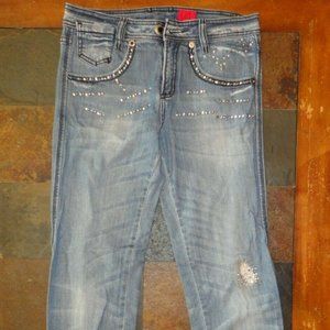 V CRISTINA Distressed Jeweled Women's Blue Denim Straight Jeans Size 4